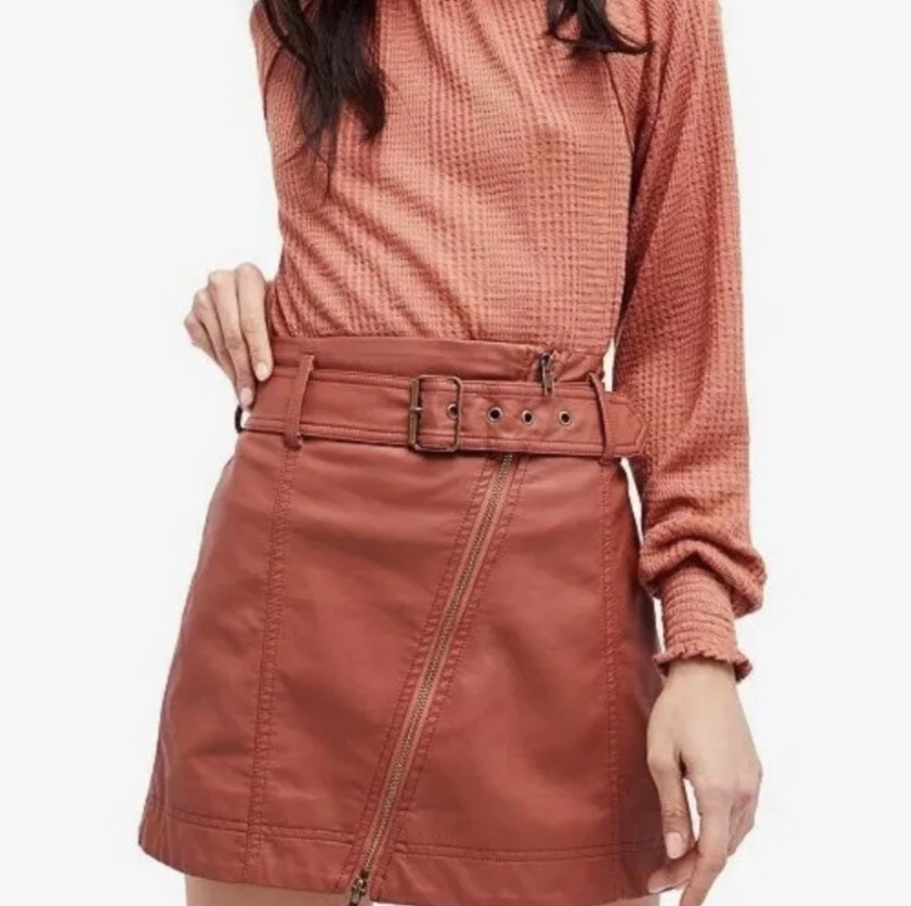 Free People Feelin Fresh Vegan Leather Mini Skirt Rust Brown Assymetrical